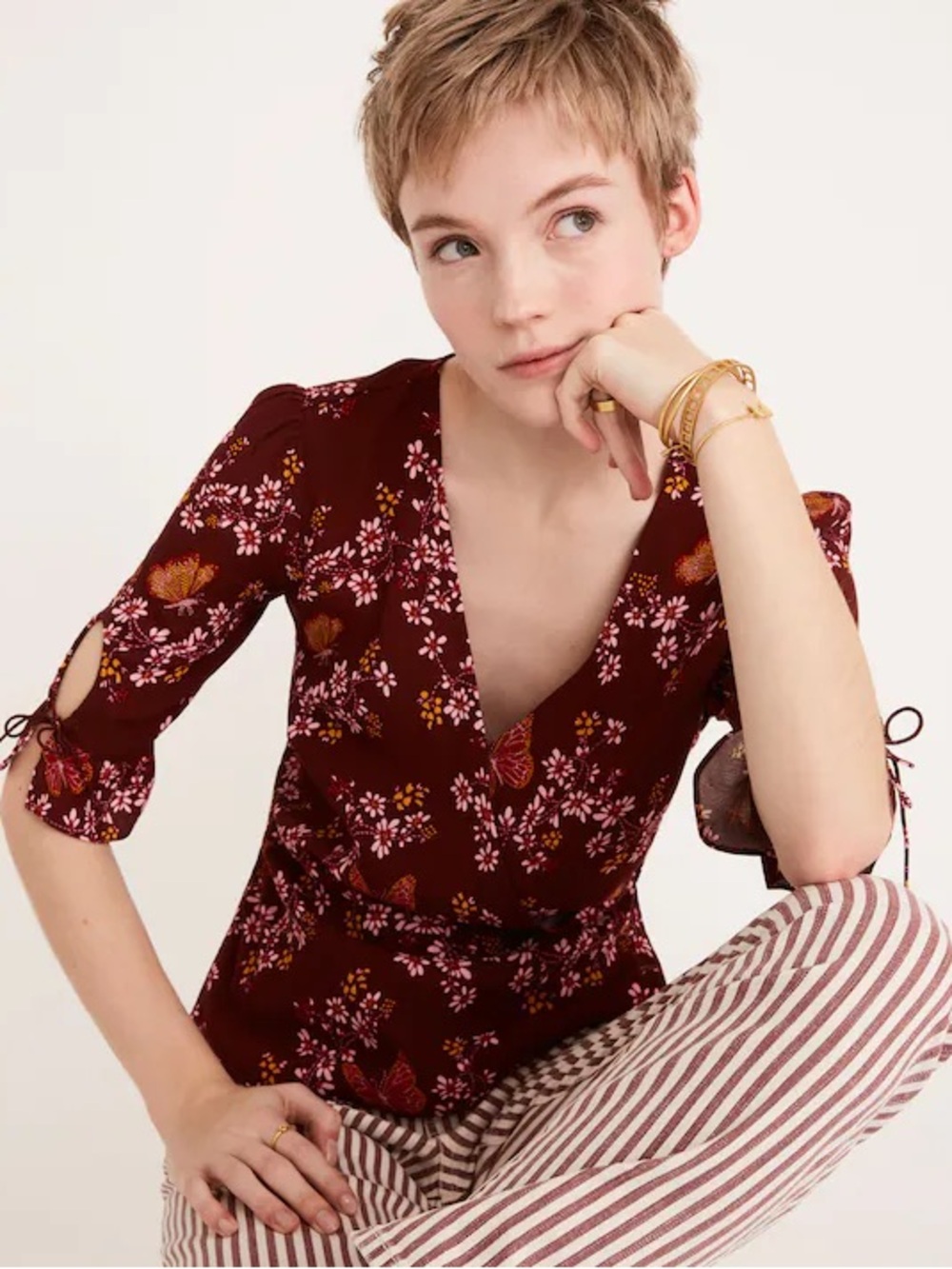 Madewell Tie-Sleeve Wrap Top in Butterfly Sanctuary Rich Burgundy Women’s Size 2